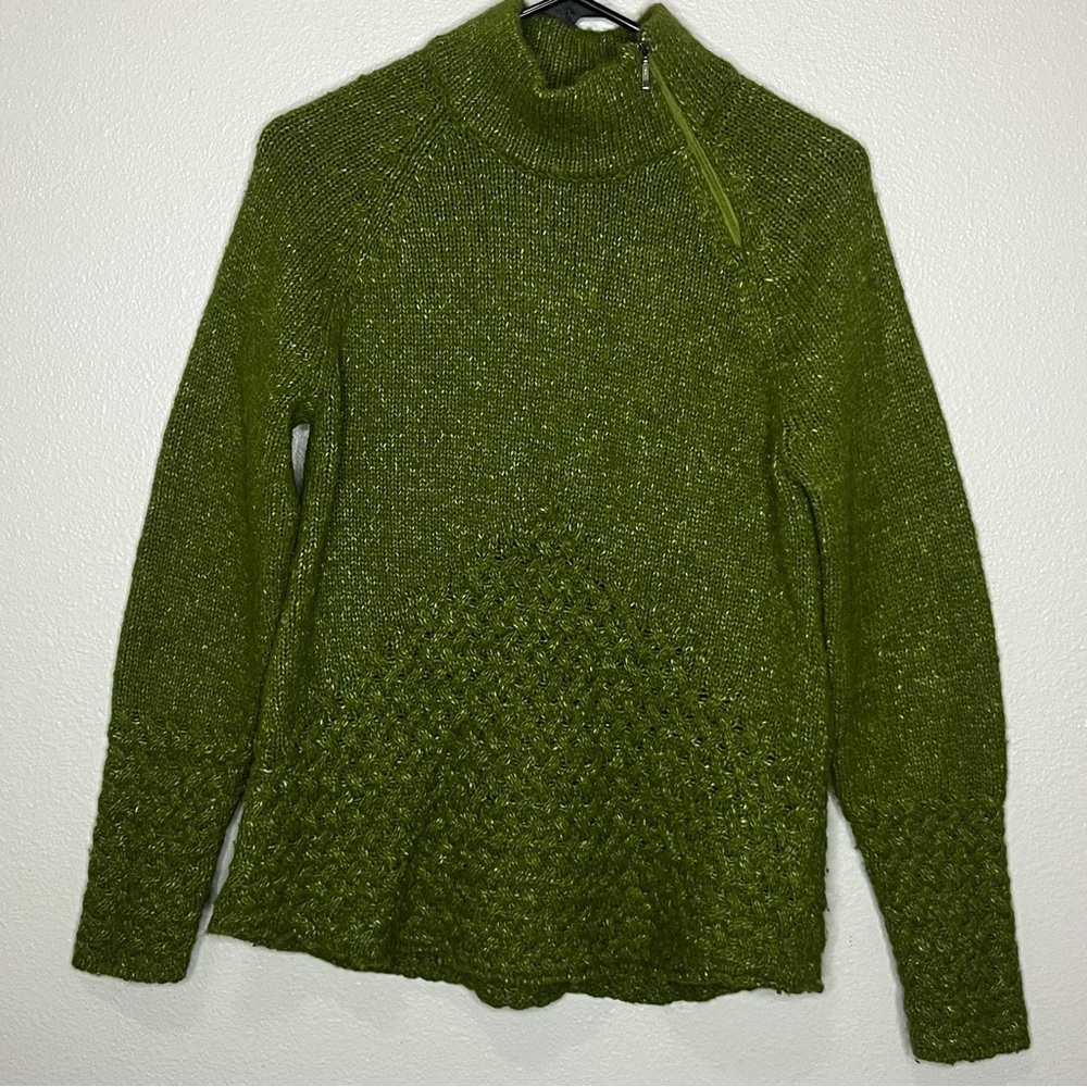 Royal Robbins Sweater Women Large Green High Neck‎ Wool Blend Braided Zipper